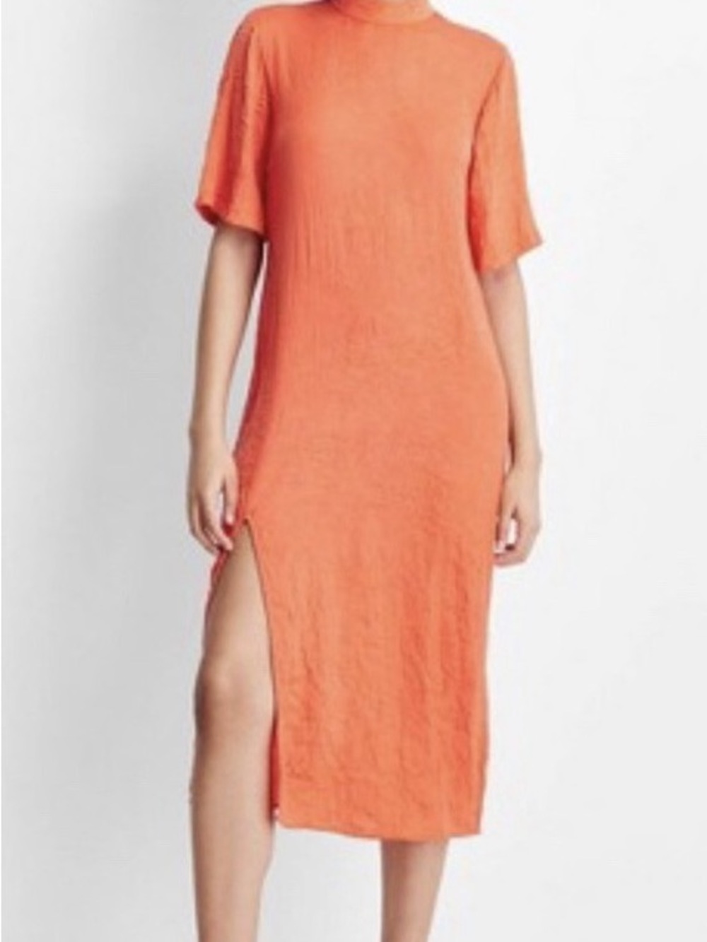 Orange Short-Sleeve Side-Slit Midi Dress